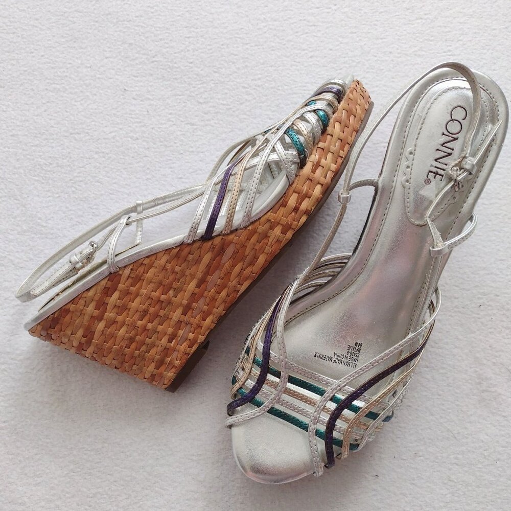 Connie Metallic Strappy Slingback Wedge 8.5 M Silver Straw Sandals - Picture 11 of 11